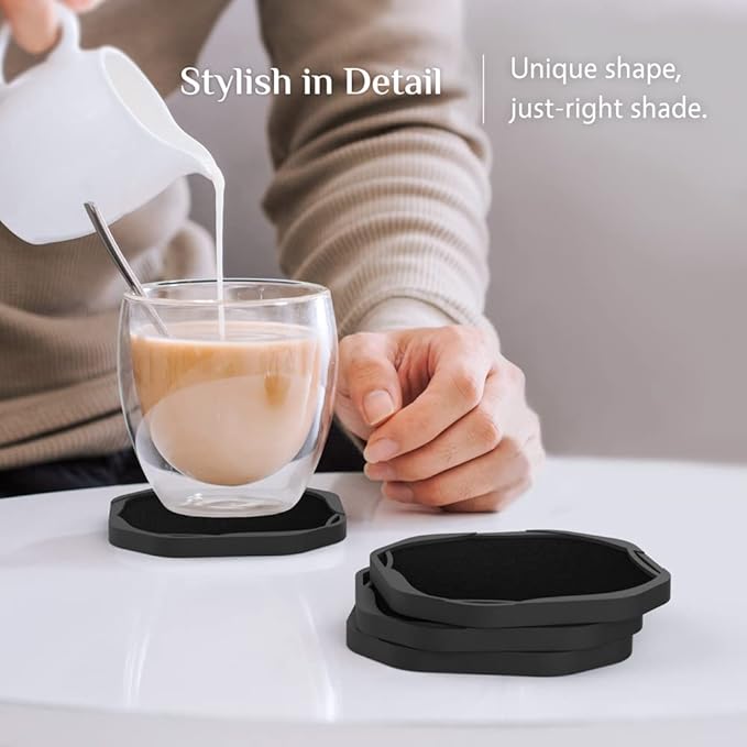 Absorbent Coaster Set (with holder), black silicone coasters with embedded felt pads, suitable for coffee table decoration, 4-inch, 6-piece set. A unique and thoughtful small birthday gift for men, dads, him, women, moms, or her.