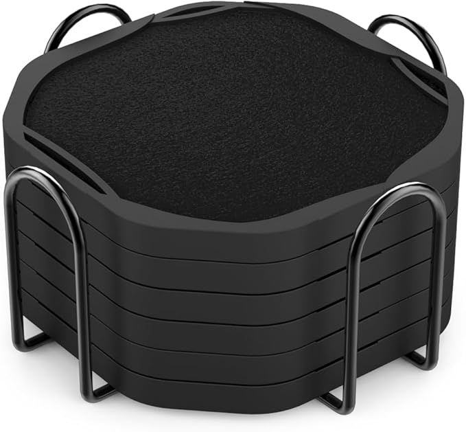 Absorbent Coaster Set (with holder), black silicone coasters with embedded felt pads, suitable for coffee table decoration, 4-inch, 6-piece set. A unique and thoughtful small birthday gift for men, dads, him, women, moms, or her.
