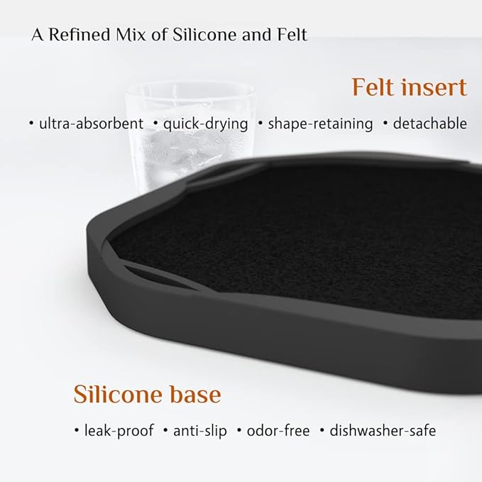 Absorbent Coaster Set (with holder), black silicone coasters with embedded felt pads, suitable for coffee table decoration, 4-inch, 6-piece set. A unique and thoughtful small birthday gift for men, dads, him, women, moms, or her.