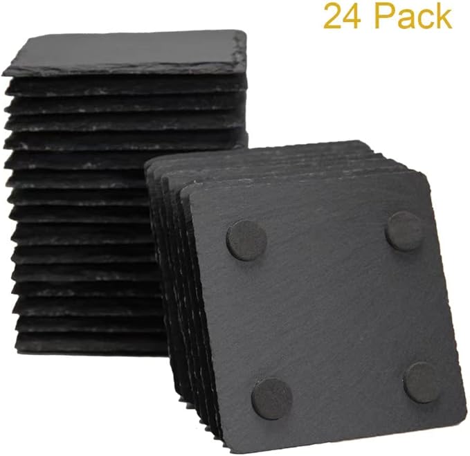 24 Pack 4 x 4 Inch Gorgeous Black Slate Stone Coasters Bulk Square Slate Stone Cup Coaster for Drink Bar Kitchen Home, Handmade Natural Rough Edge, Set of 24