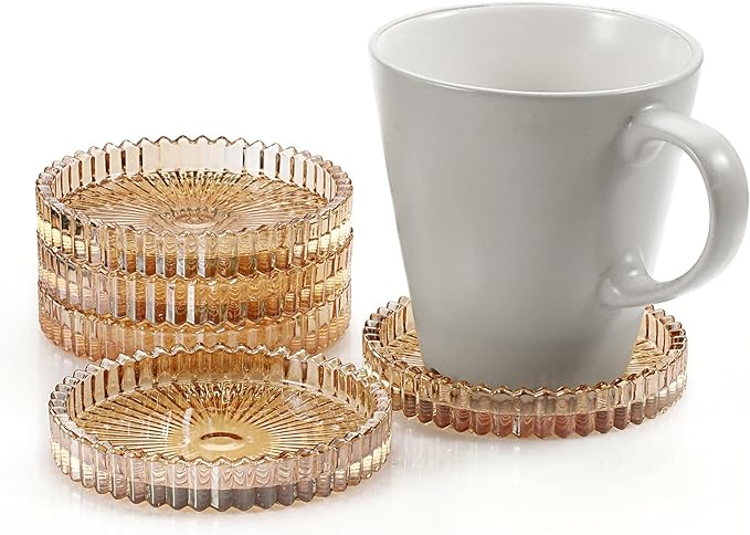 Modern Clear Coaster Set of 5- Glass Coasters for Drinks Crystal Coasters Round Cup Coasters Coffee Table Decor for Office, Kitchen, Bar, Dining Room, Living Room, Patio(Amber)