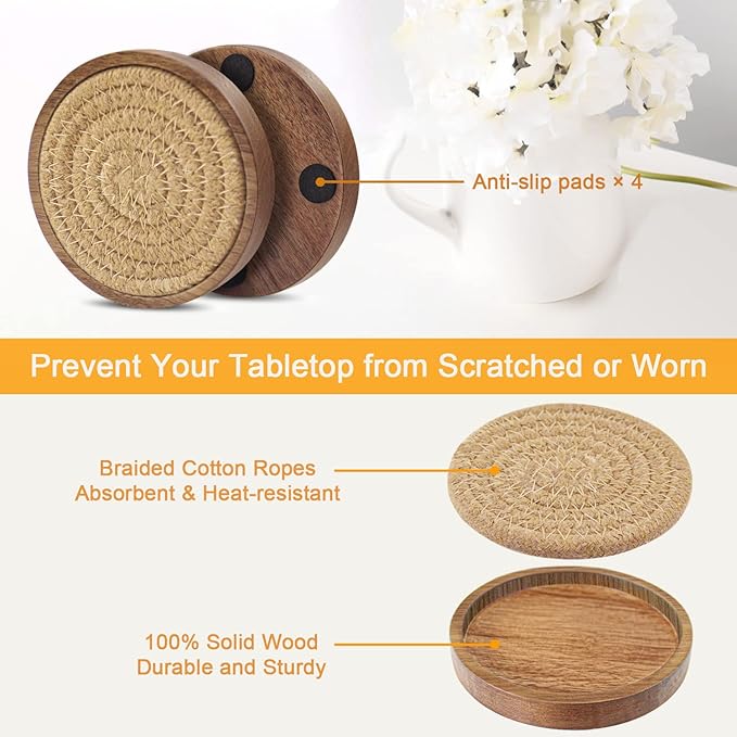 Wooden coasters, absorbent coaster set (5 pieces), woven coasters for coffee tables, housewarming gift, suitable for rustic home decor, 4 inches.