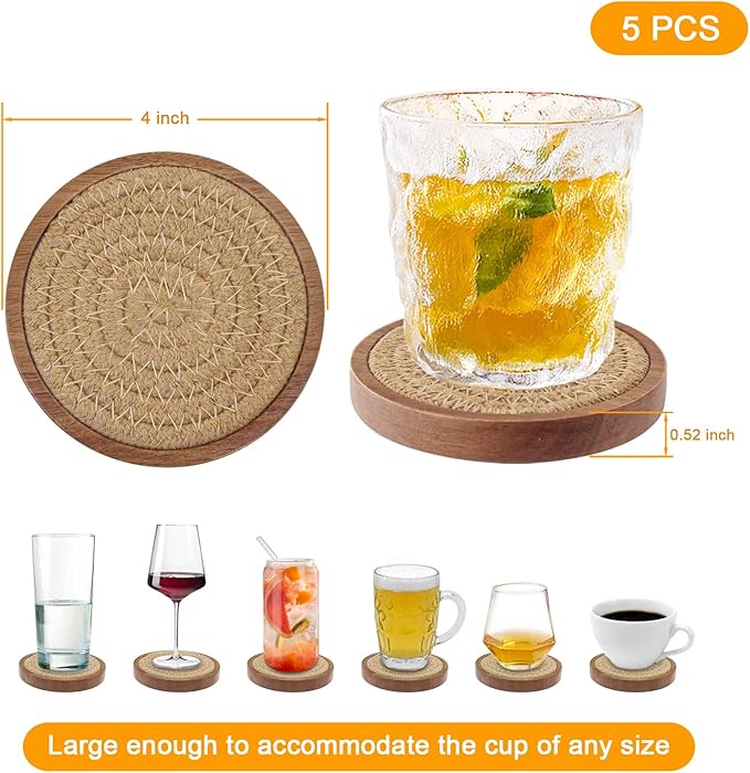Wooden coasters, absorbent coaster set (5 pieces), woven coasters for coffee tables, housewarming gift, suitable for rustic home decor, 4 inches.