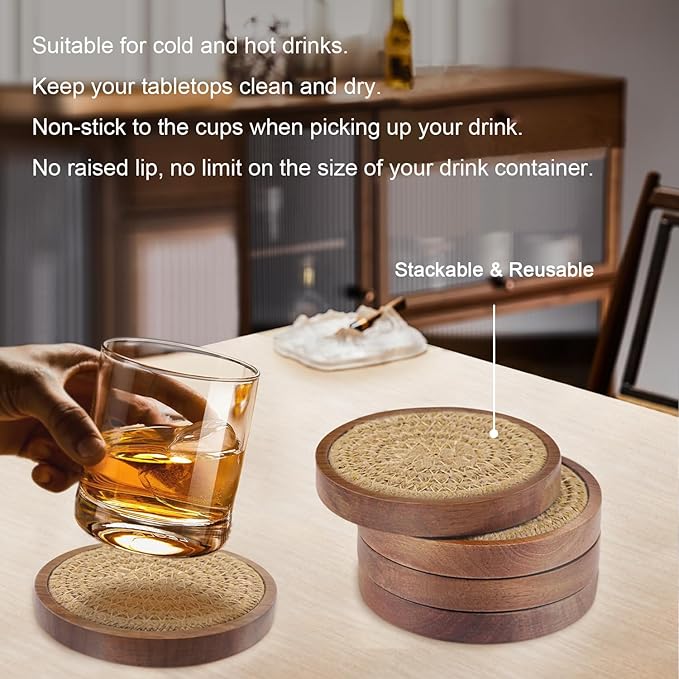 Wooden coasters, absorbent coaster set (5 pieces), woven coasters for coffee tables, housewarming gift, suitable for rustic home decor, 4 inches.