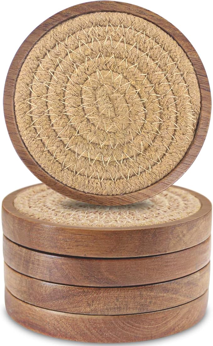 Wooden coasters, absorbent coaster set (5 pieces), woven coasters for coffee tables, housewarming gift, suitable for rustic home decor, 4 inches.