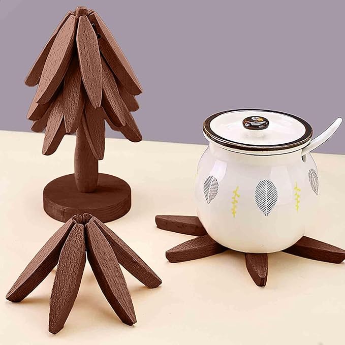 Wooden Cup Coaster Set，Tree Shape Trivet Set,Tree Coasters- 4 Wooden Trivets + 1 Stand stored for hot Dish/Pot/Bowl/teapot/hot Pot Set (Brown)