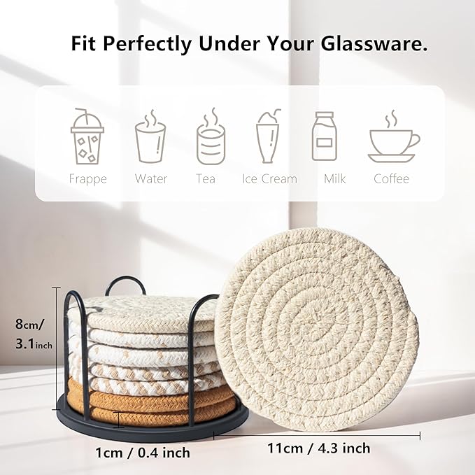 Coasters Set of 8 for Drinks, Beer, Coffee, Cotton Woven 4 Colors Absorbent Coaster with Holder, Boho Coasters for Home Decor Tabletop Protection Suitable for Kinds of Cups, Coffee