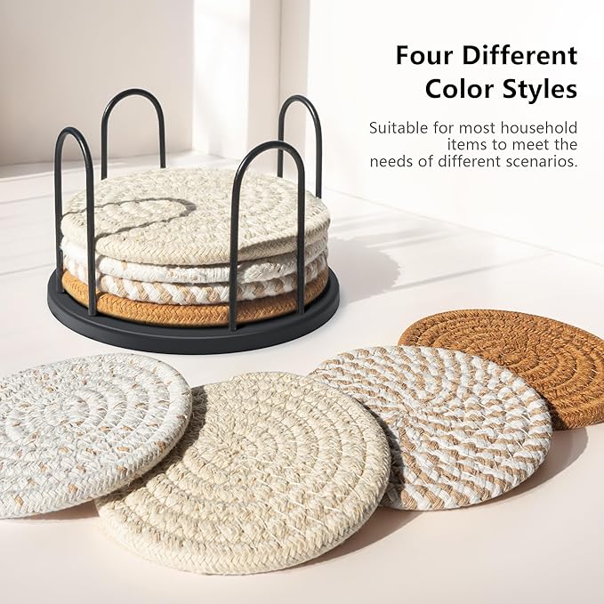 Coasters Set of 8 for Drinks, Beer, Coffee, Cotton Woven 4 Colors Absorbent Coaster with Holder, Boho Coasters for Home Decor Tabletop Protection Suitable for Kinds of Cups, Coffee