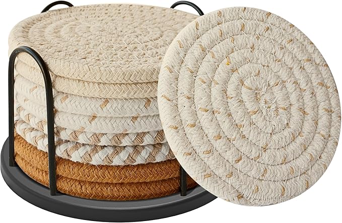 Coasters Set of 8 for Drinks, Beer, Coffee, Cotton Woven 4 Colors Absorbent Coaster with Holder, Boho Coasters for Home Decor Tabletop Protection Suitable for Kinds of Cups, Coffee